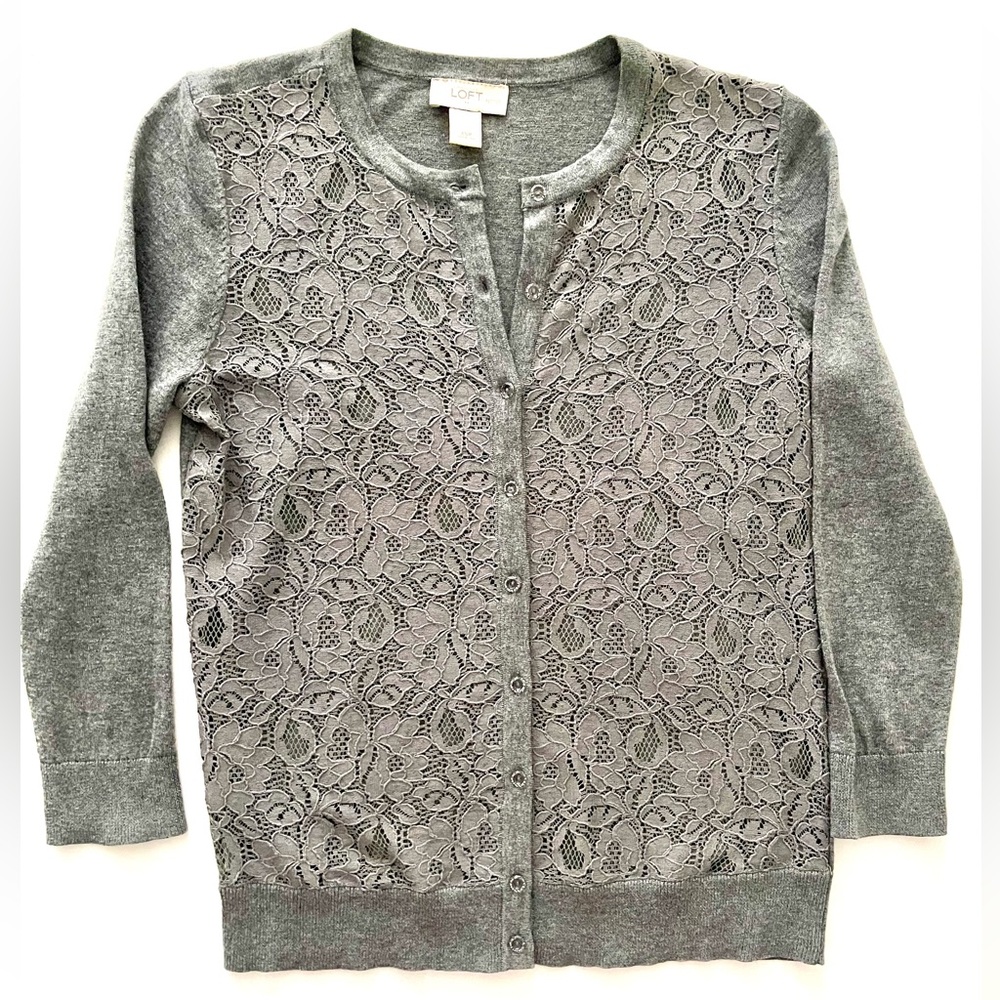 LOFT Gray Lace Cotton/Nylon Stretch Women's Light Sweater - Picture 11 of 15